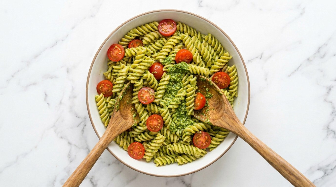 Stap 3: Meng de pasta met de pesto, olijfolie en de gehalveerde cherrytomaatjes.