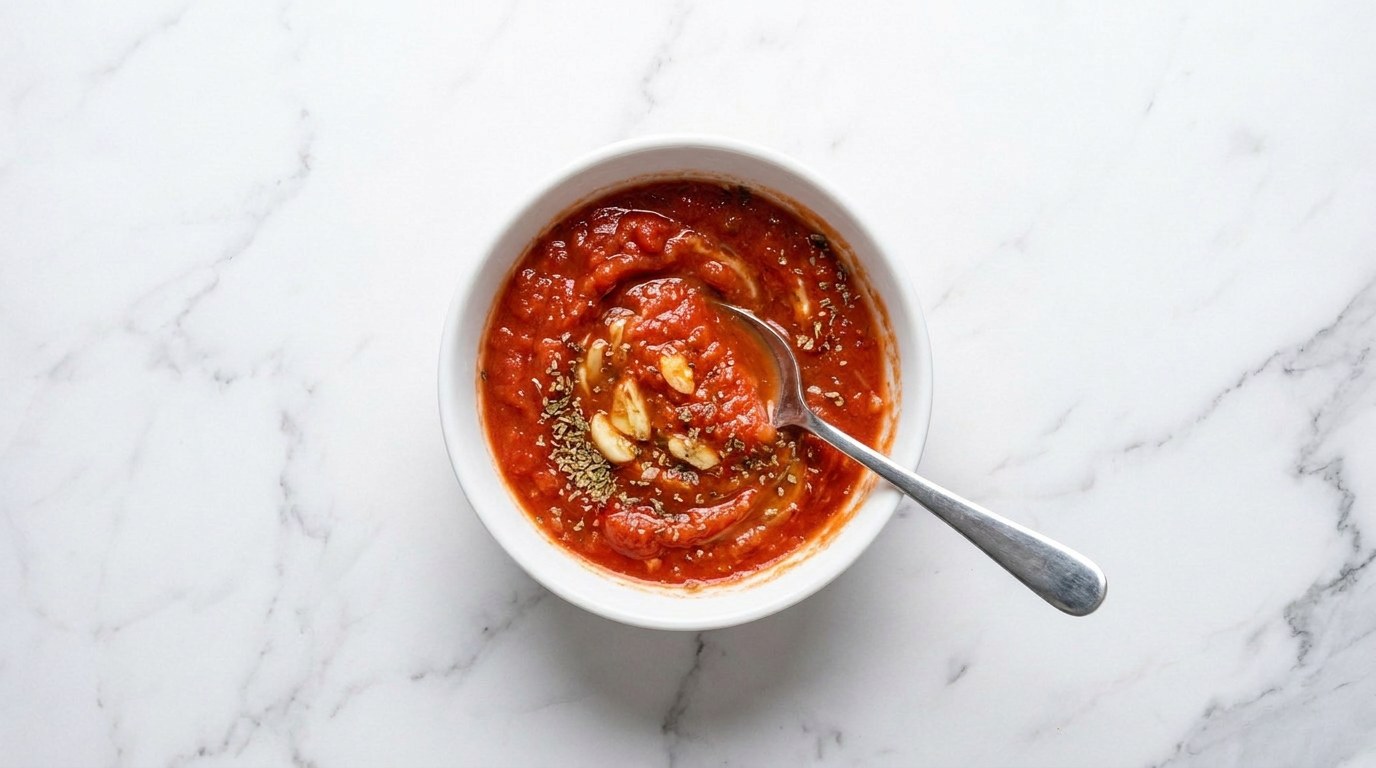 Stap 2: Meng de gezeefde tomaten met geperste knoflook, oregano, zout en peper.