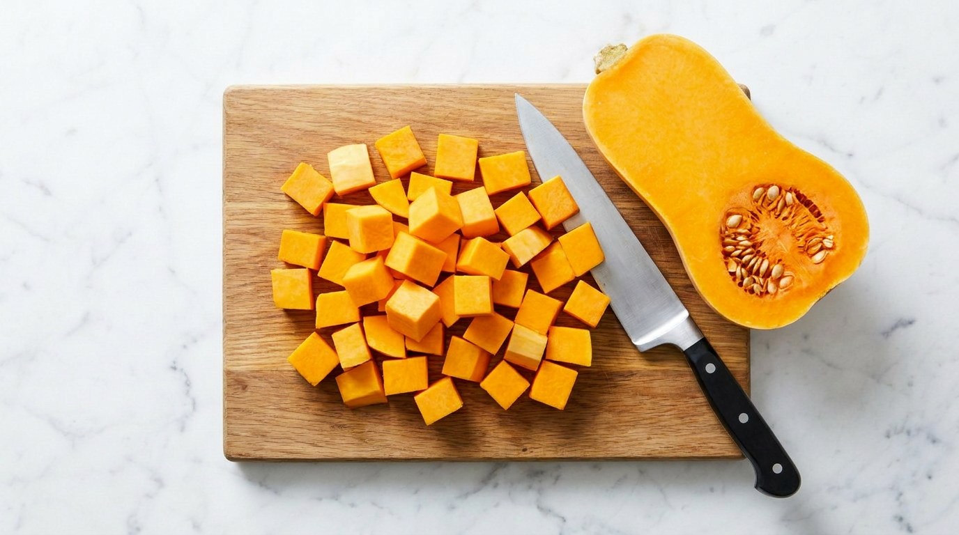 Stap 1: Schil de pompoen, verwijder de pitten en snijd het vruchtvlees in blokjes.