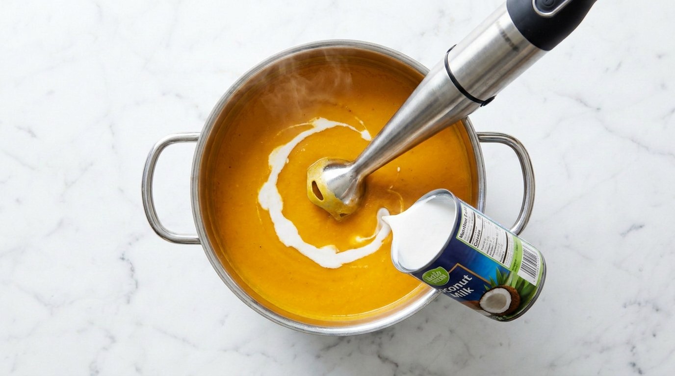 Stap 4: Pureer de soep glad en roer het grootste deel van de kokosmelk erdoor.