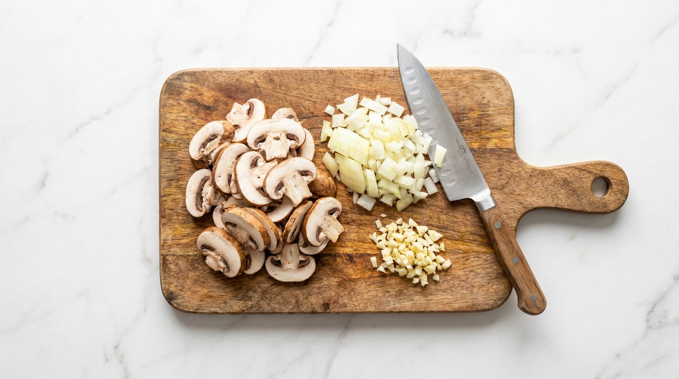 Stap 1: Snipper de ui en knoflook en snijd de champignons in plakjes.