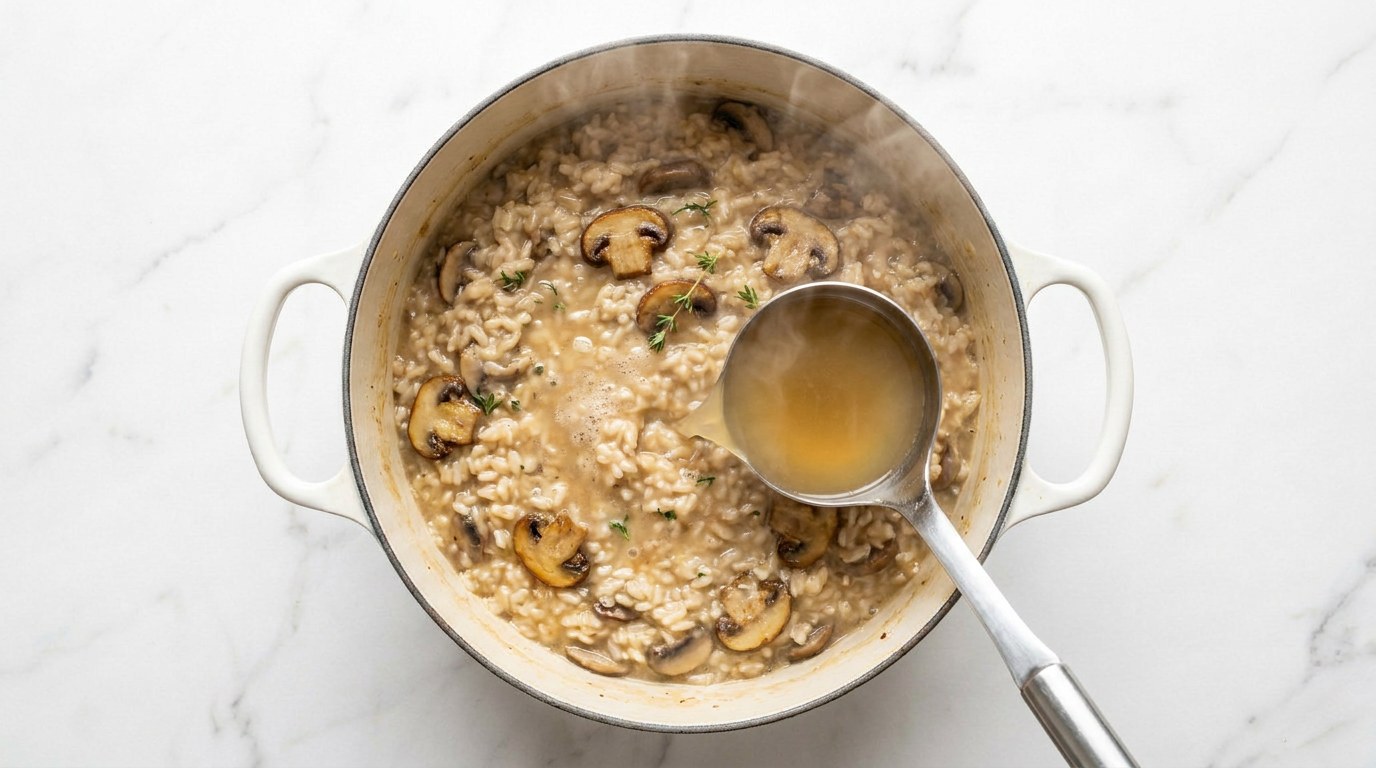 Stap 4: Voeg beetje bij beetje de bouillon toe onder voortdurend roeren, tot de rijst gaar is.