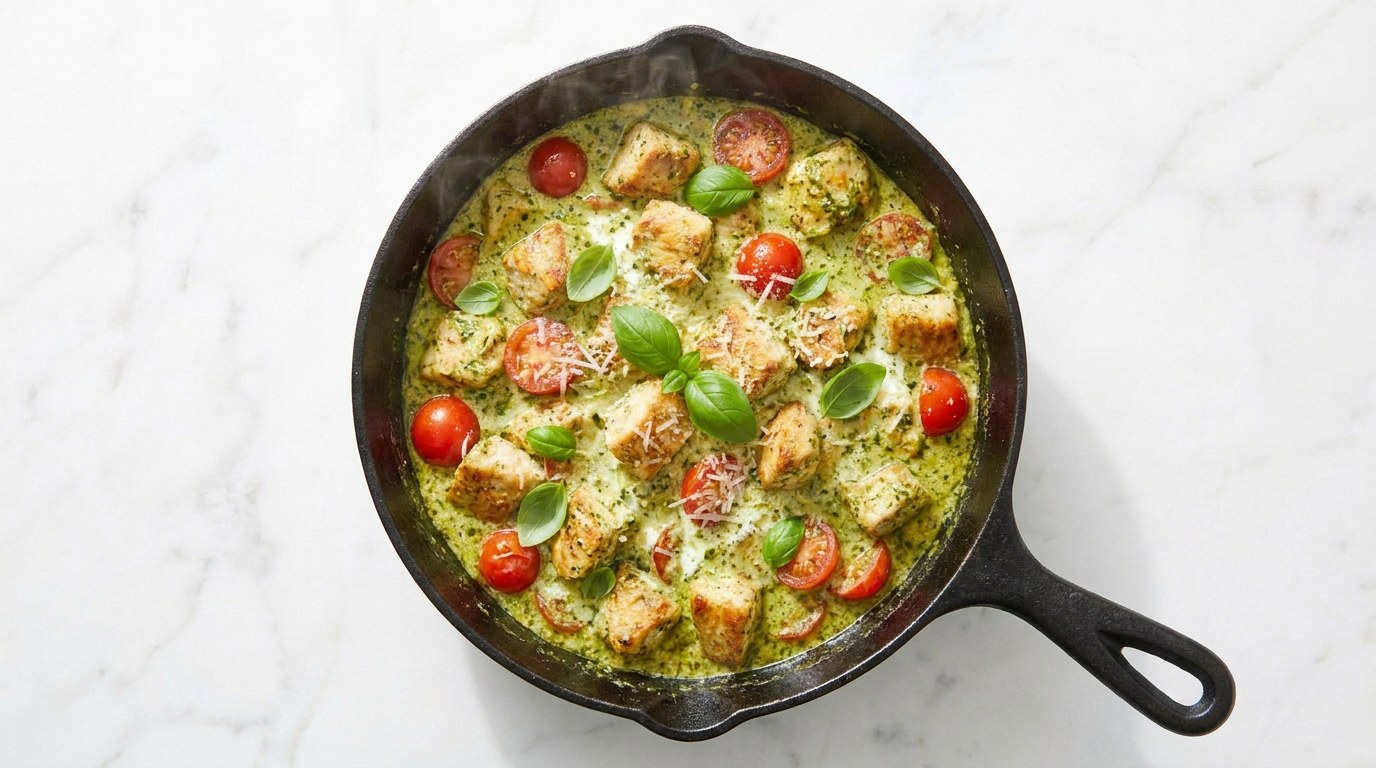 Stap 4: Roer de pesto en slagroom erdoor en laat 3 minuten zachtjes pruttelen.