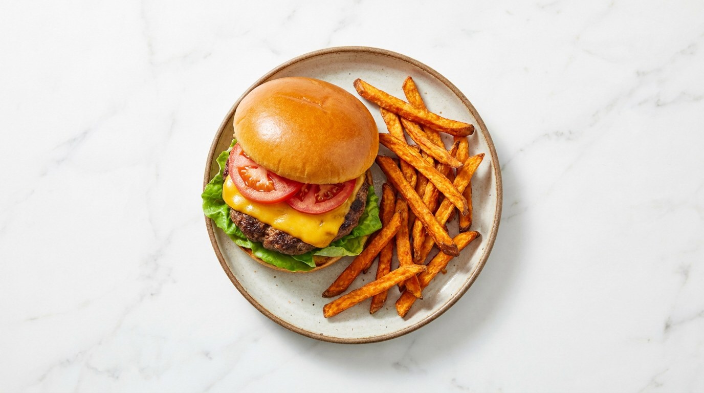 Runderburger met Zoete Aardappelfrietjes