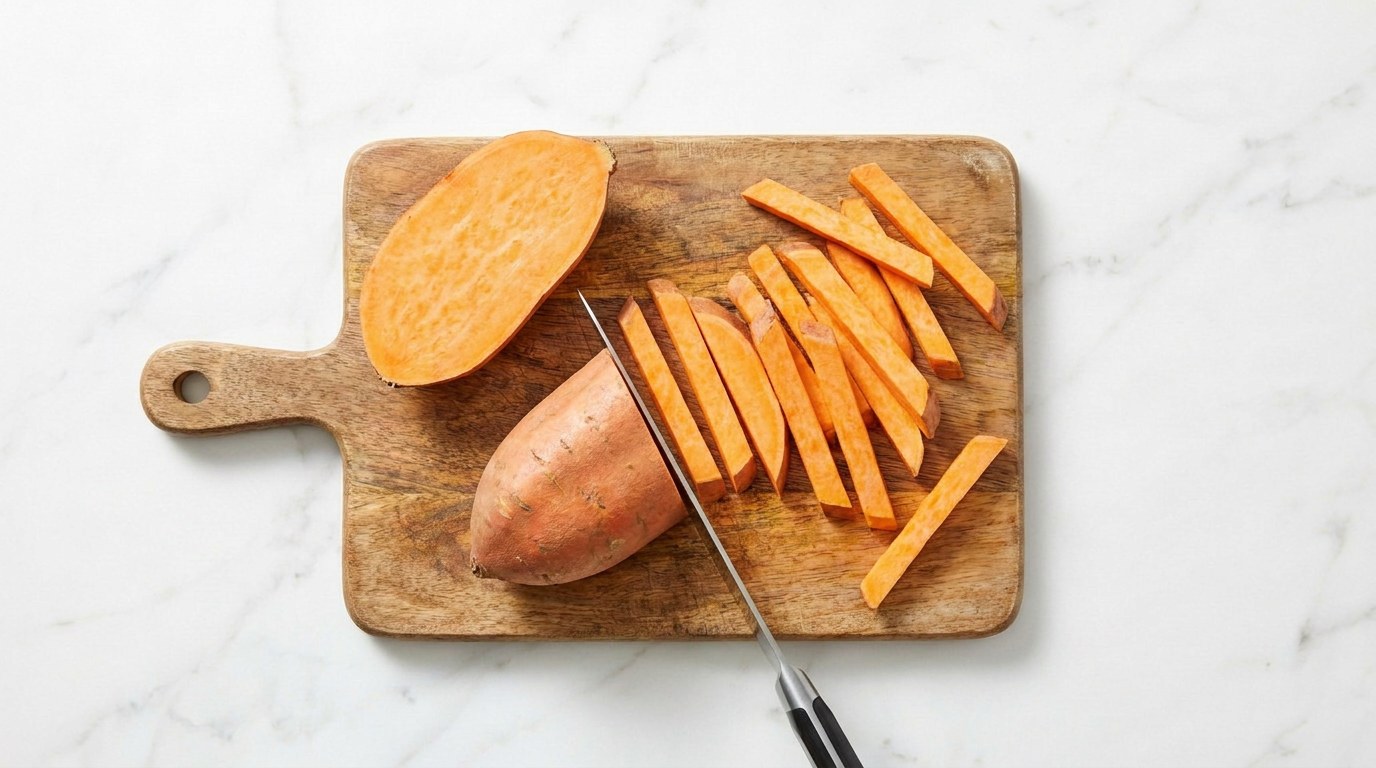 Stap 1: Verwarm de oven voor op 200°C en snijd de zoete aardappel in frietjes.