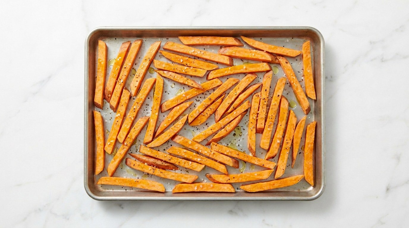 Stap 2: Meng de frietjes met olijfolie, zout en peper en bak ze 25 minuten in de oven.