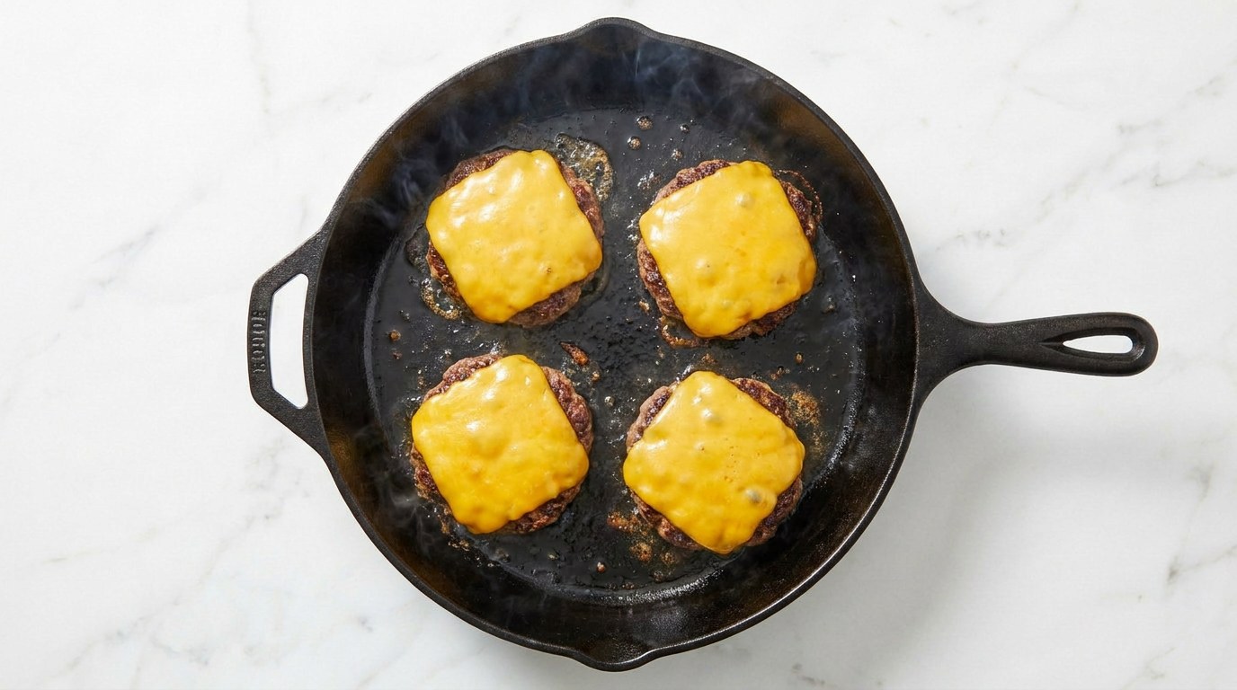 Stap 4: Bak de burgers 4 minuten per kant en leg de cheddar er de laatste minuut op.