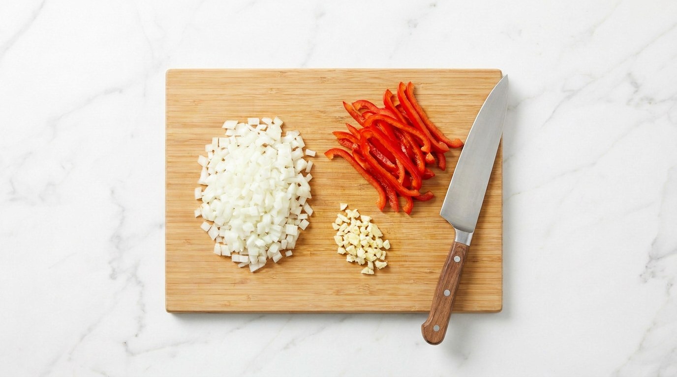 Stap 1: Snipper ui en knoflook en snijd de paprika in reepjes.
