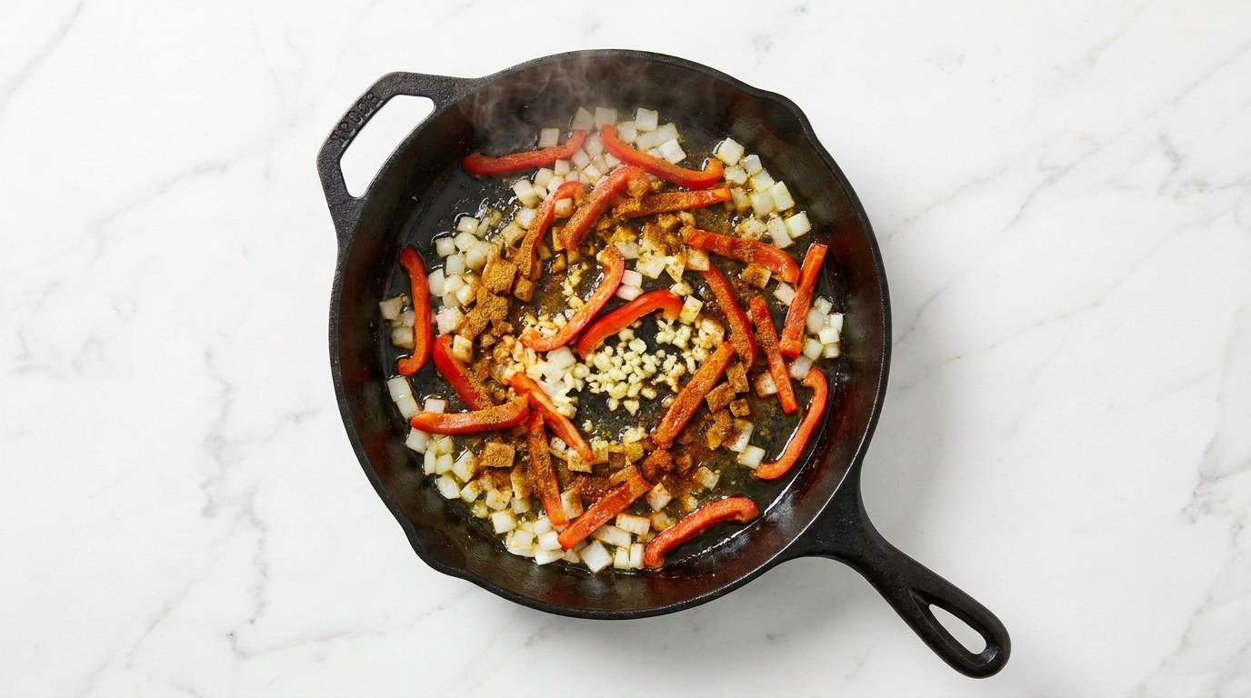 Stap 2: Fruit ui, knoflook en paprika in olijfolie met komijn- en paprikapoeder.