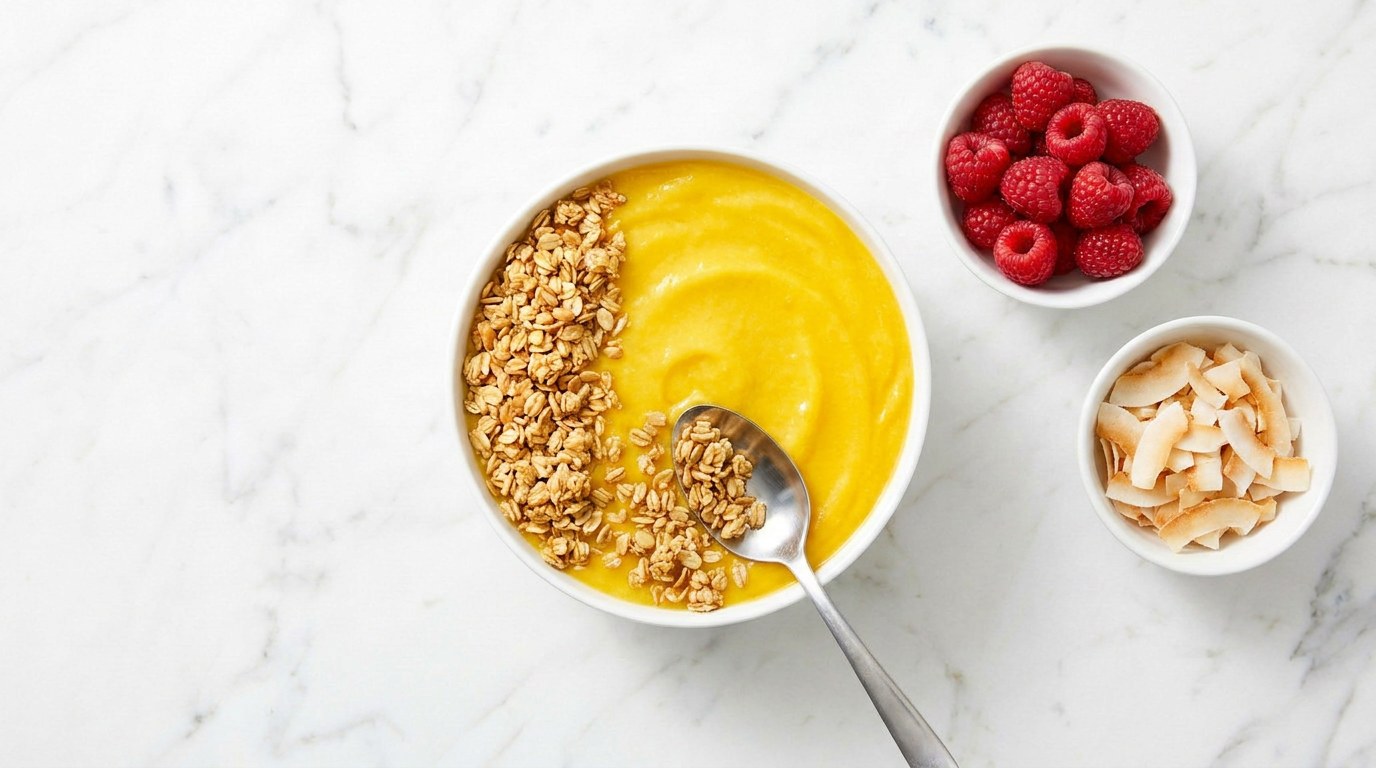 Stap 3: Leg de granola, frambozen en kokosrasp in nette baantjes bovenop.