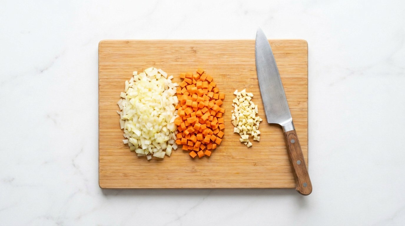 Stap 1: Snipper de ui en knoflook en snijd de winterpeen in kleine blokjes.