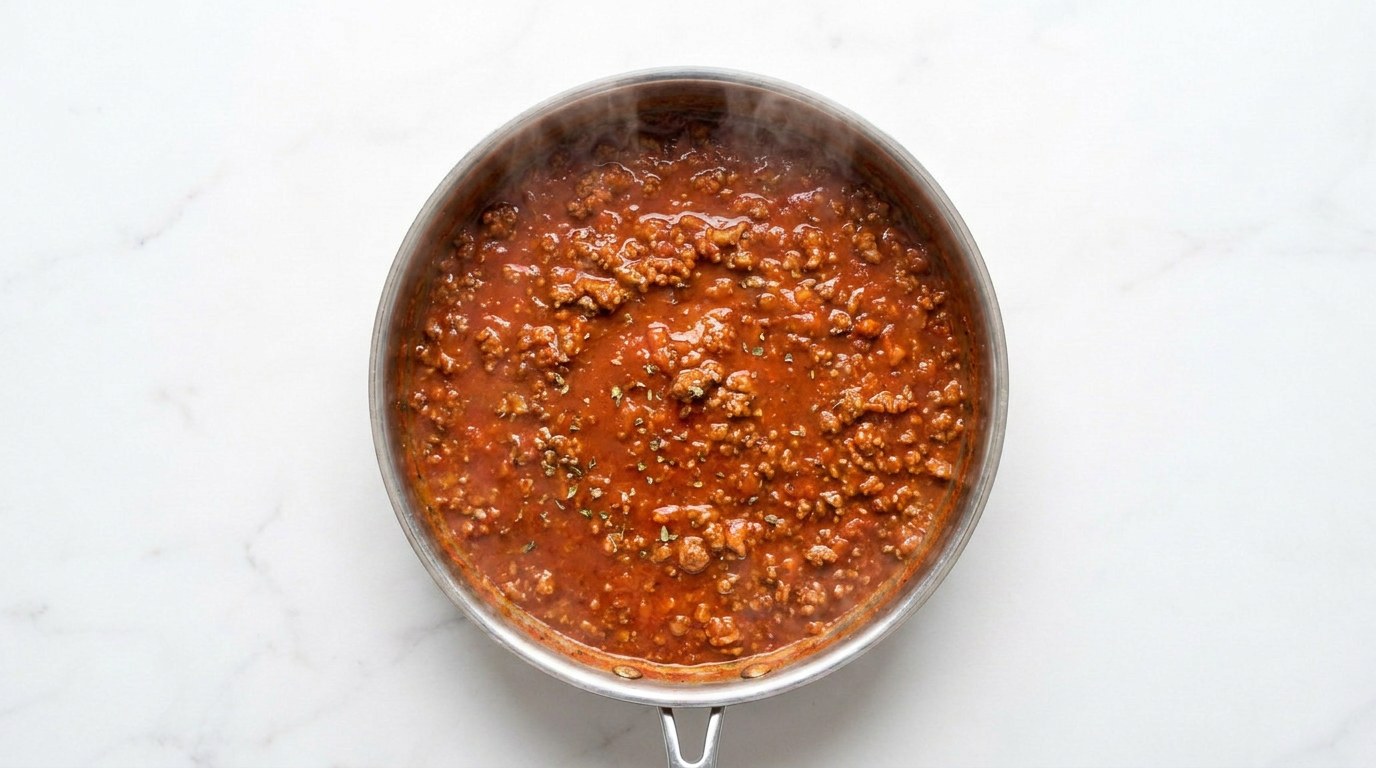 Stap 3: Roer de tomatenpuree en oregano erdoor en giet de gezeefde tomaten erbij. Laat 20 minuten zachtjes…