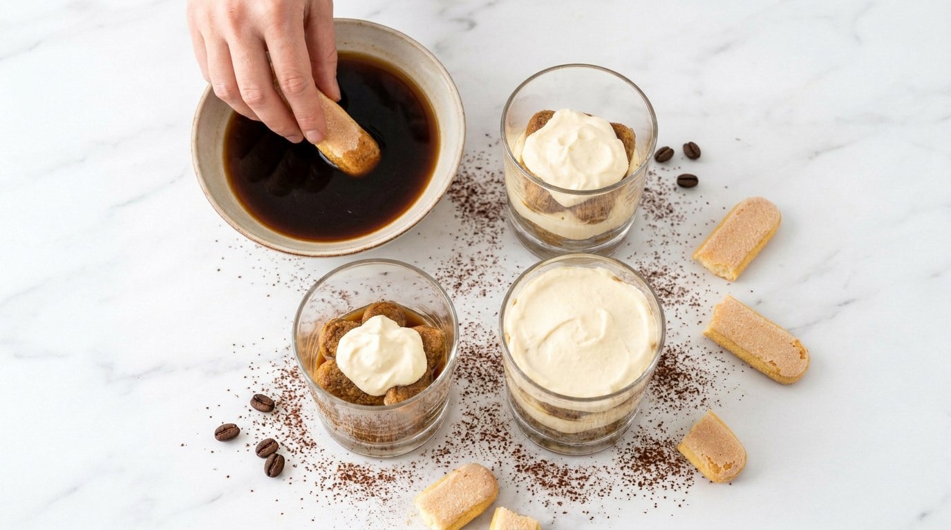 Stap 4: Doop de lange vingers kort in de koffie en leg ze in laagjes met creme in de glaasjes.