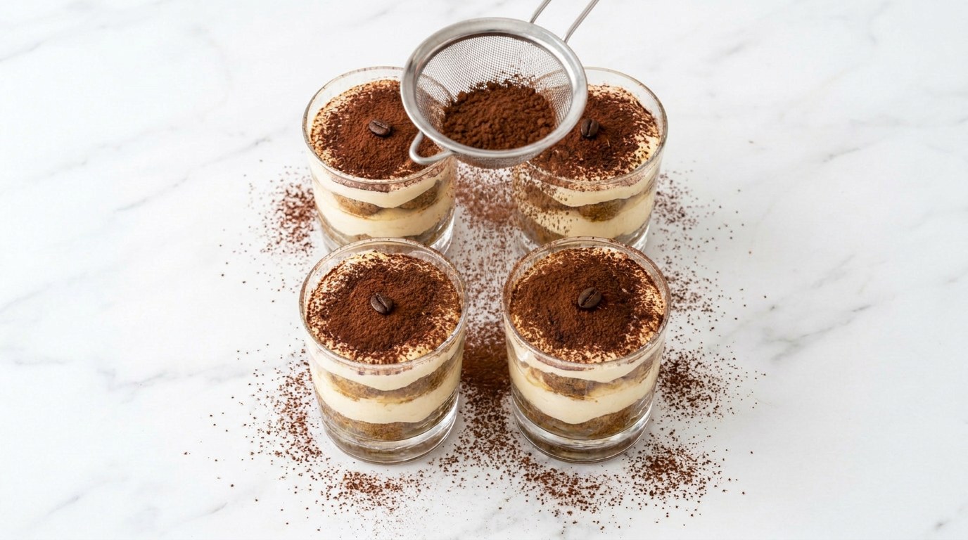 Stap 5: Zeef er cacaopoeder over en laat minimaal 2 uur opstijven in de koelkast.