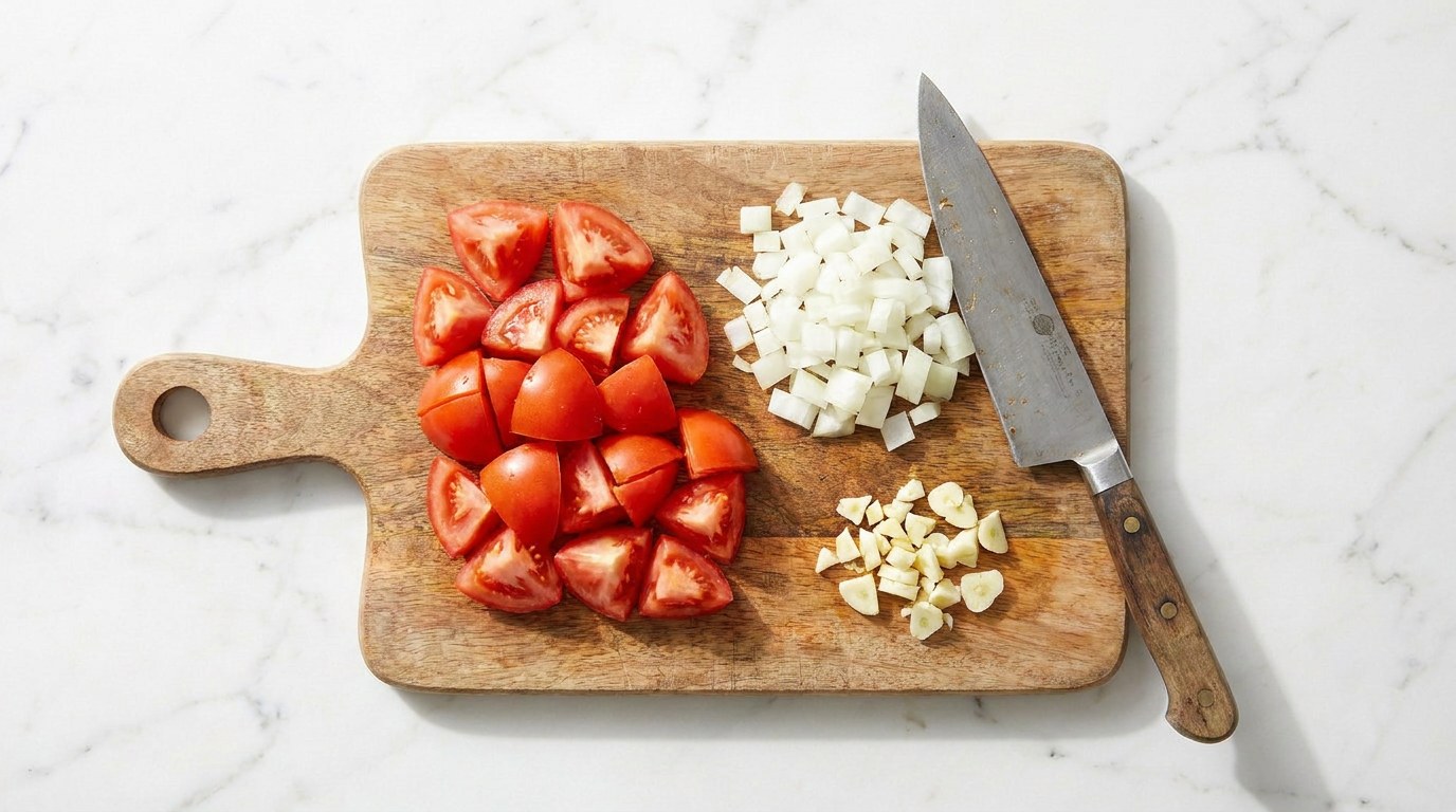 Stap 1: Snijd de tomaten in grove stukken en snipper de ui en knoflook.