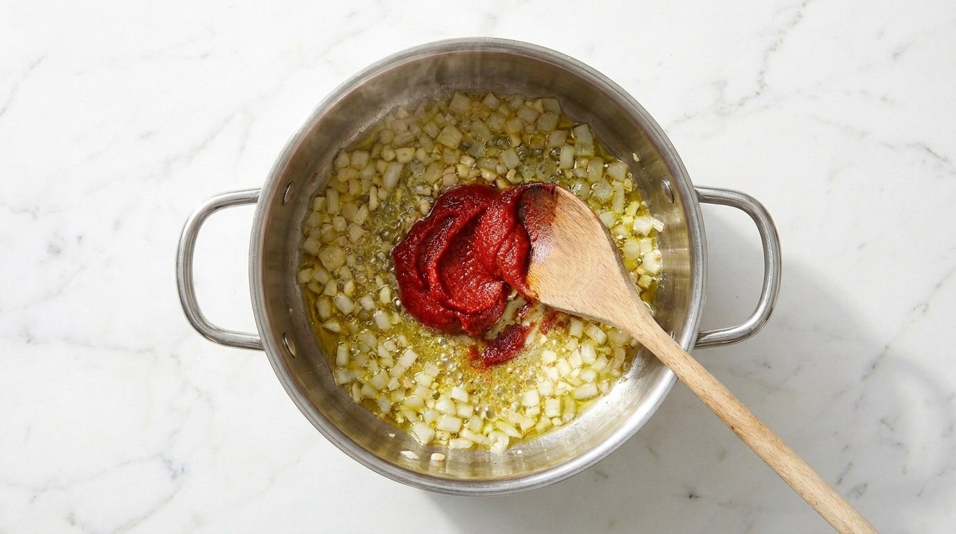 Stap 2: Fruit de ui en knoflook glazig in olijfolie en bak de tomatenpuree kort mee.