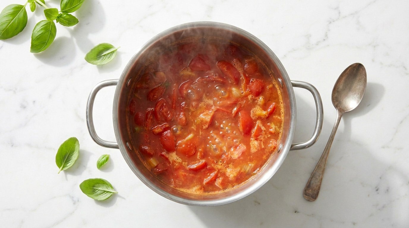 Stap 3: Voeg de tomaten en bouillon toe en laat de soep 20 minuten zachtjes koken.