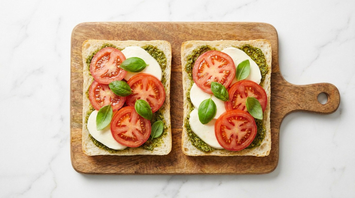 Stap 1: Besmeer twee sneetjes brood met pesto en beleg ze met plakken mozzarella, tomaat en basilicum.