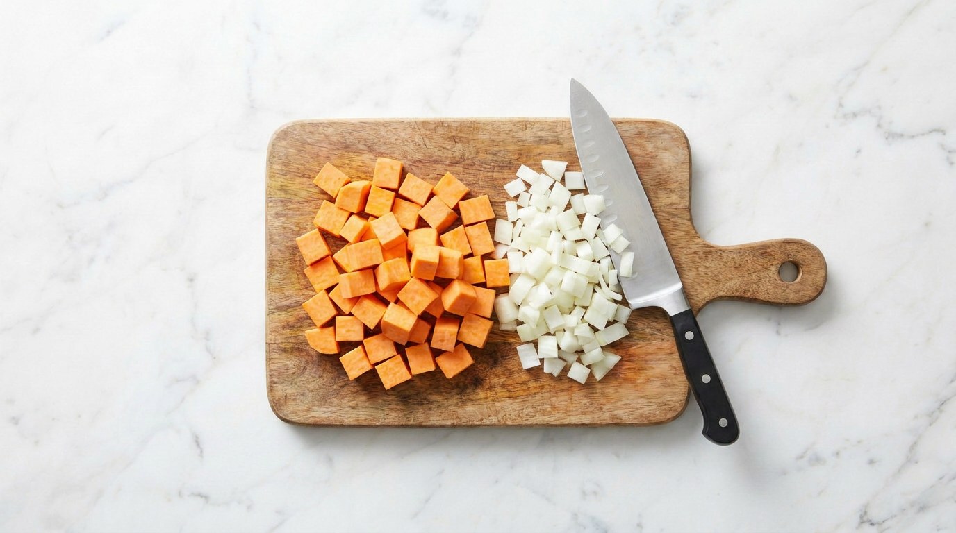Stap 1: Snijd de zoete aardappel in blokjes en snipper de ui.