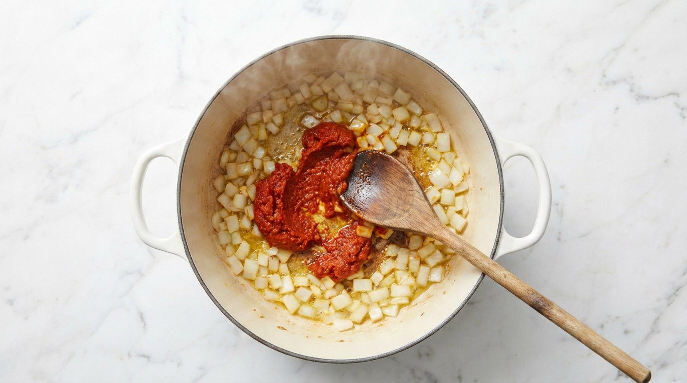 Stap 2: Fruit de ui met de currypasta en voeg de zoete aardappel toe.