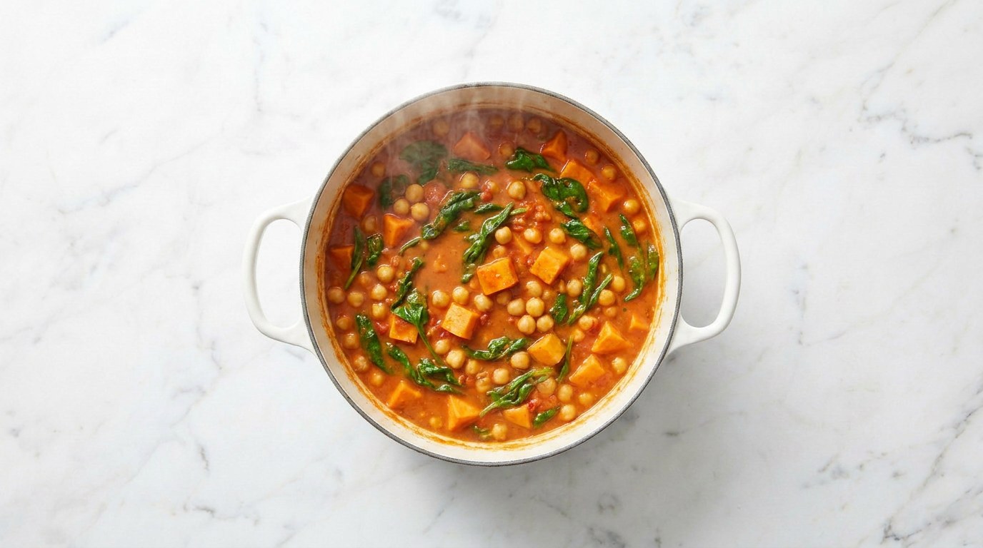 Stap 3: Giet de kokosmelk erbij, voeg de kikkererwten toe en laat 15 minuten zachtjes koken.