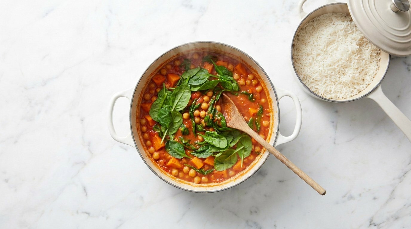 Stap 4: Kook ondertussen de rijst en roer op het laatst de spinazie door de curry.