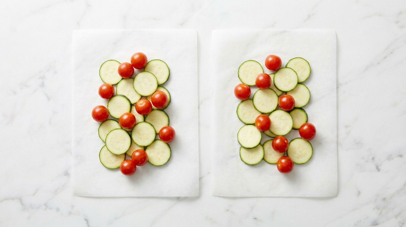 Stap 2: Leg op twee vellen bakpapier een bedje van courgette met de cherrytomaatjes.