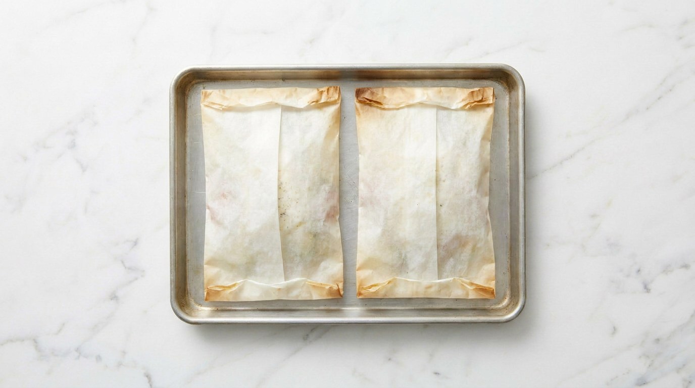 Stap 4: Vouw het bakpapier dicht tot pakketjes en bak ze 18 minuten in de oven.