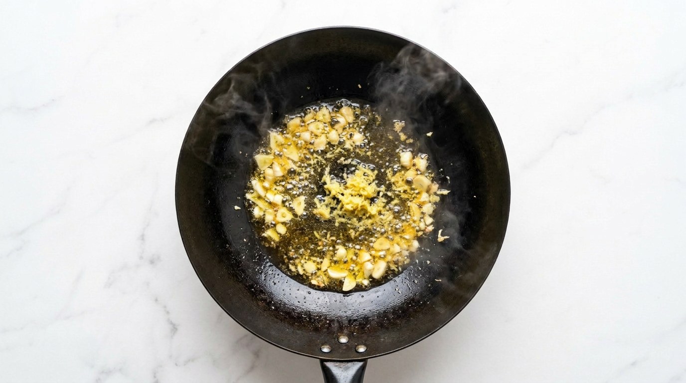 Stap 2: Verhit de wok en roerbak de knoflook en gember kort in sesamolie.