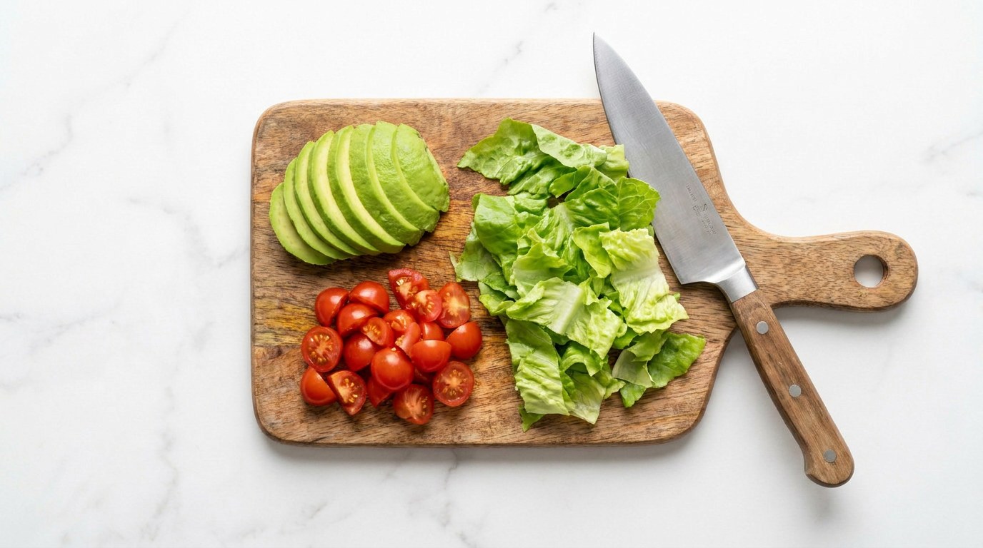Stap 2: Snijd de avocado in plakjes en de tomaat in blokjes, scheur de sla in stukken.