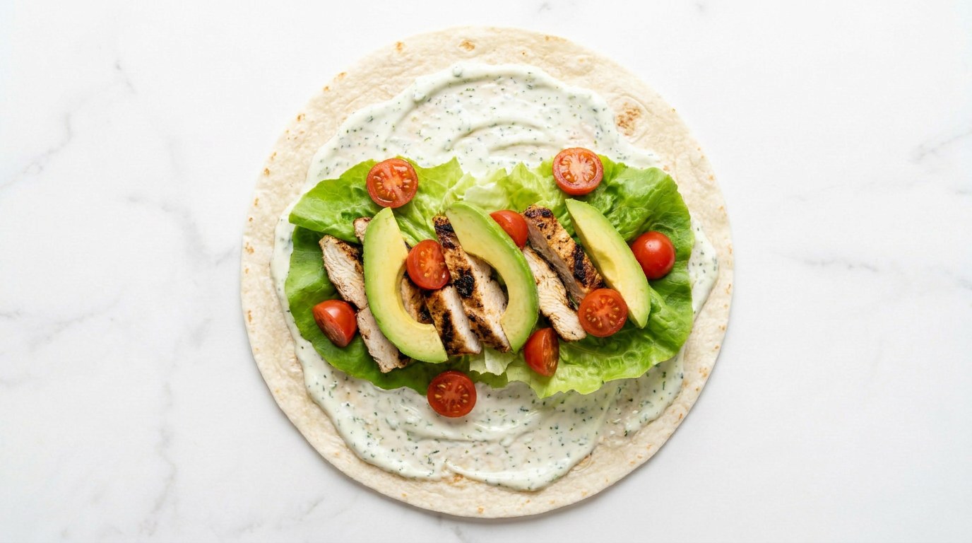 Stap 3: Besmeer de wraps met yoghurtsaus en beleg ze met sla, kip, avocado en tomaat.